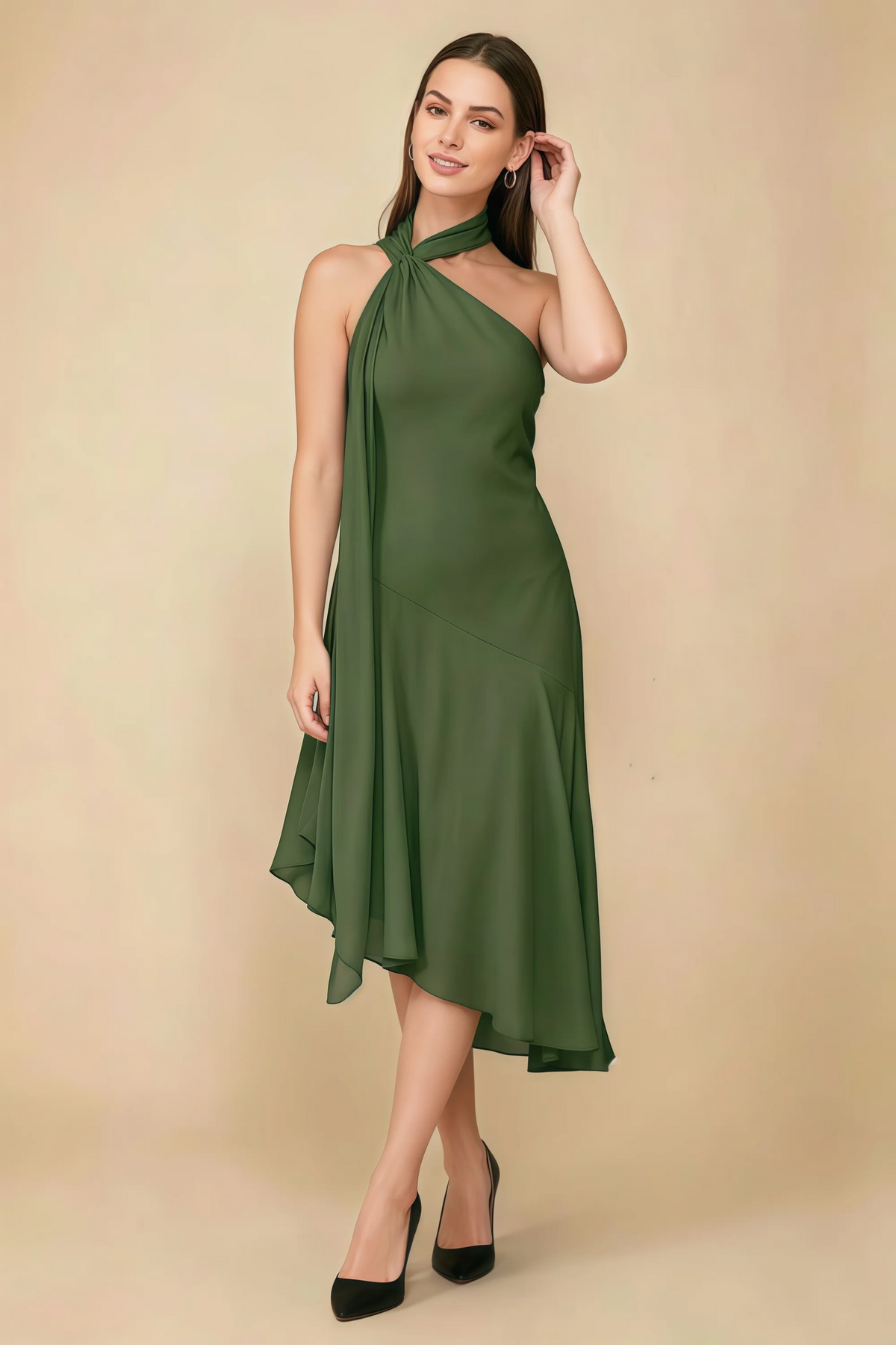 Alma Olive Chiffon One Shoulder Midi Dress with Scarf