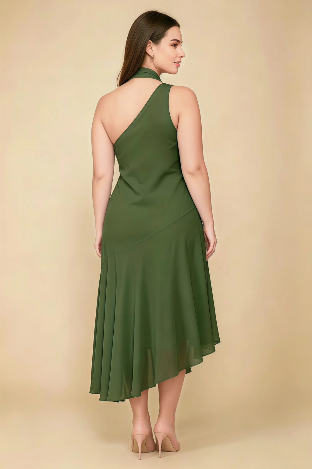 Alma Olive Chiffon One Shoulder Midi Dress with Scarf