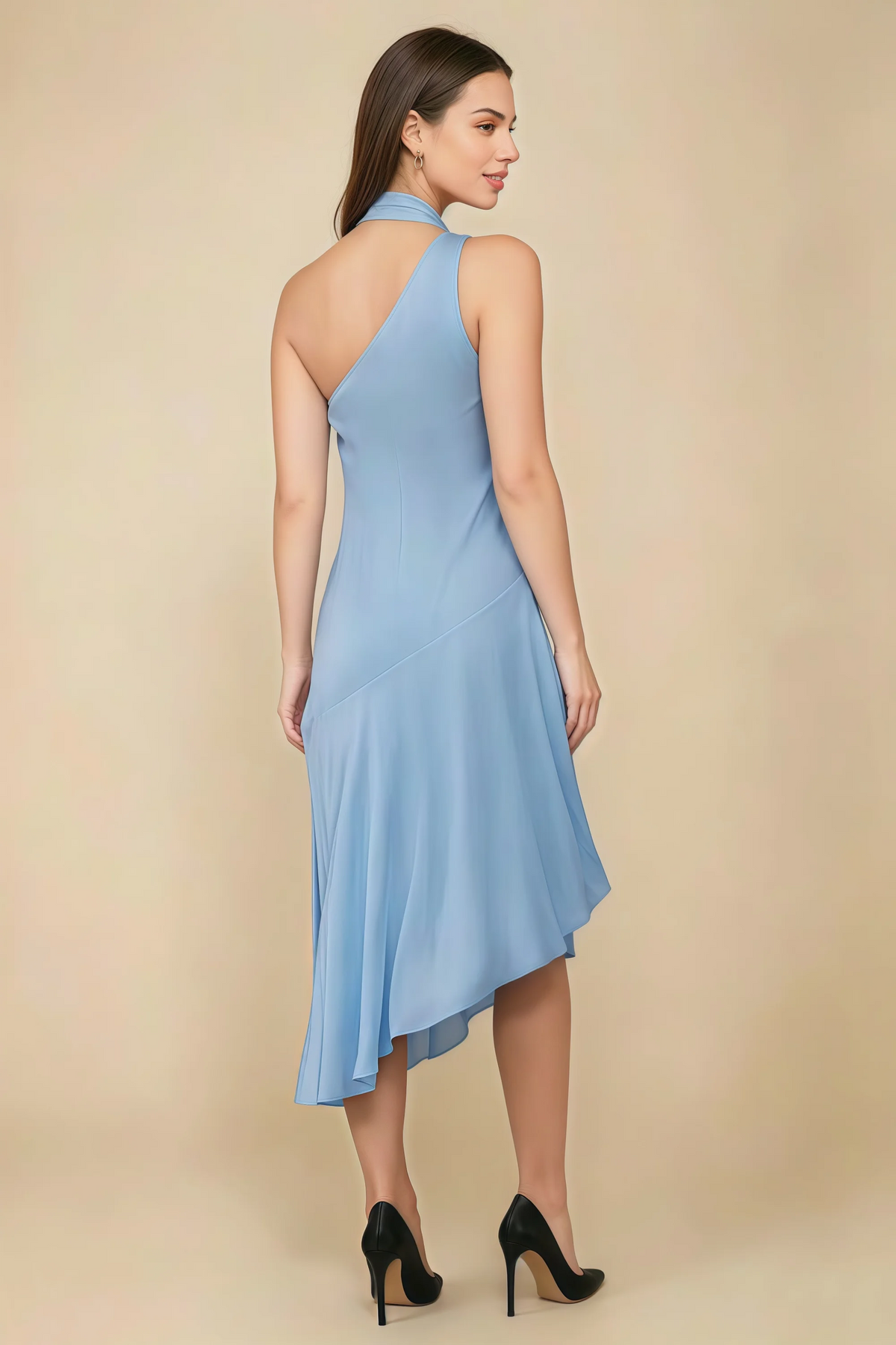 Alma Powder Blue Chiffon One Shoulder Midi Dress with Scarf
