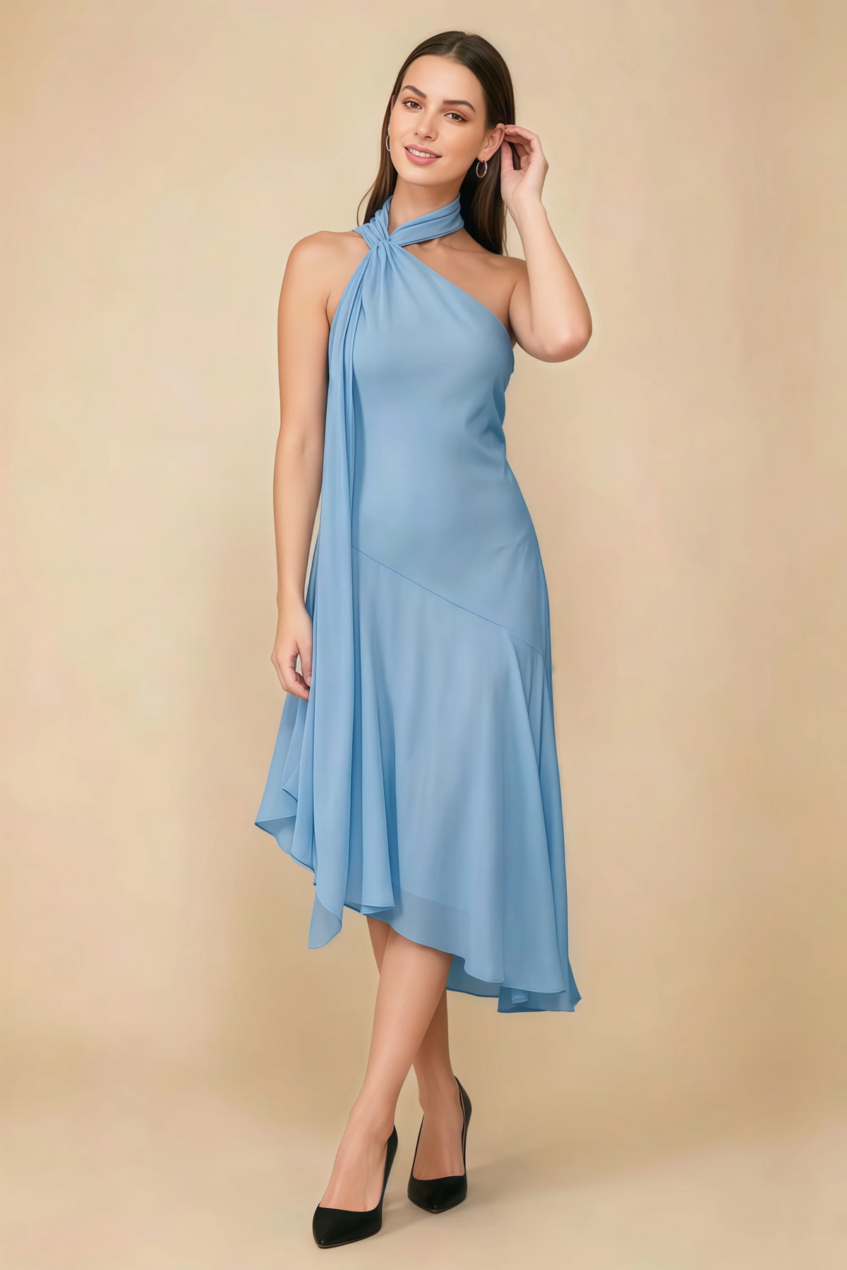 Alma Powder Blue Chiffon One Shoulder Midi Dress with Scarf