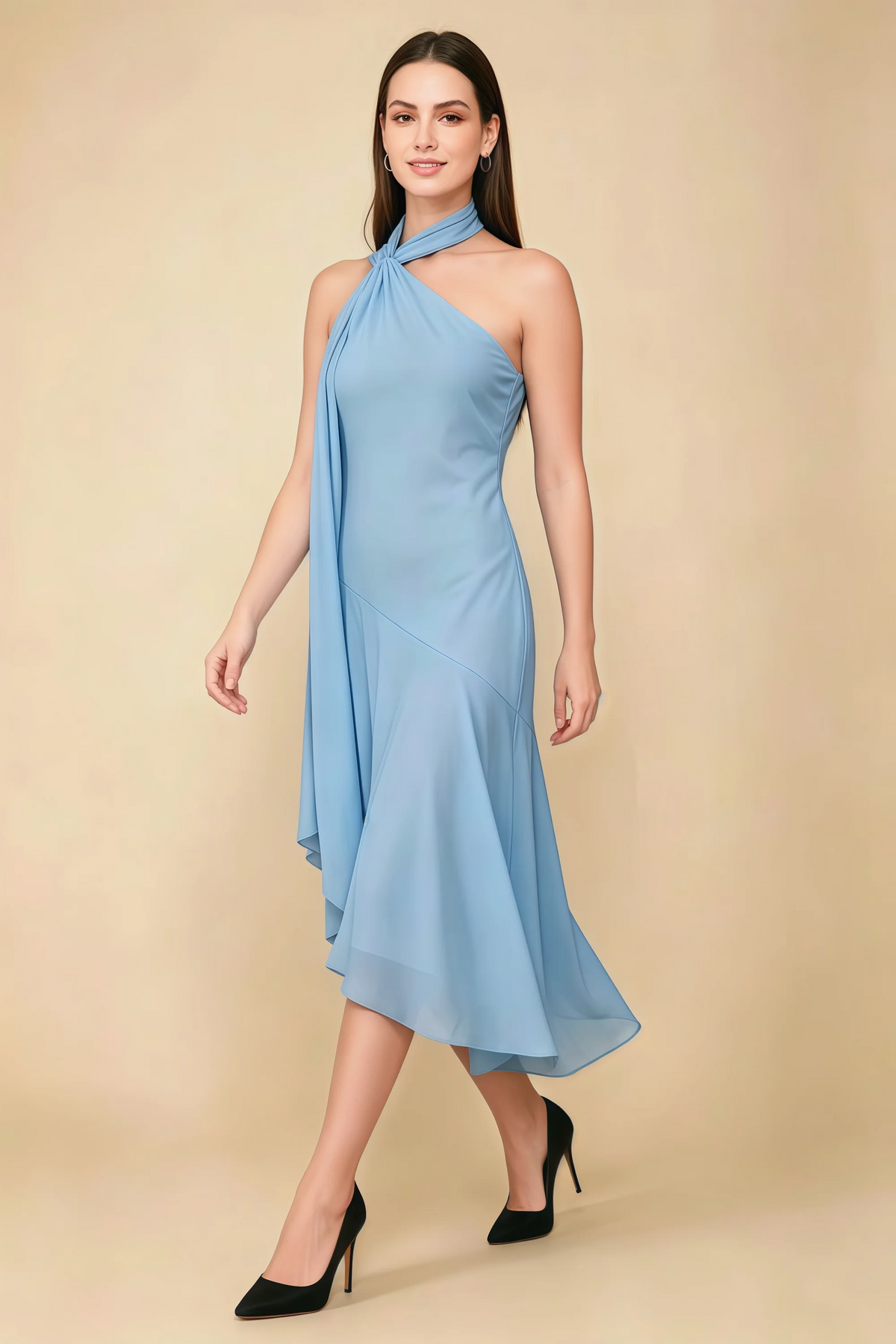 Alma Powder Blue Chiffon One Shoulder Midi Dress with Scarf