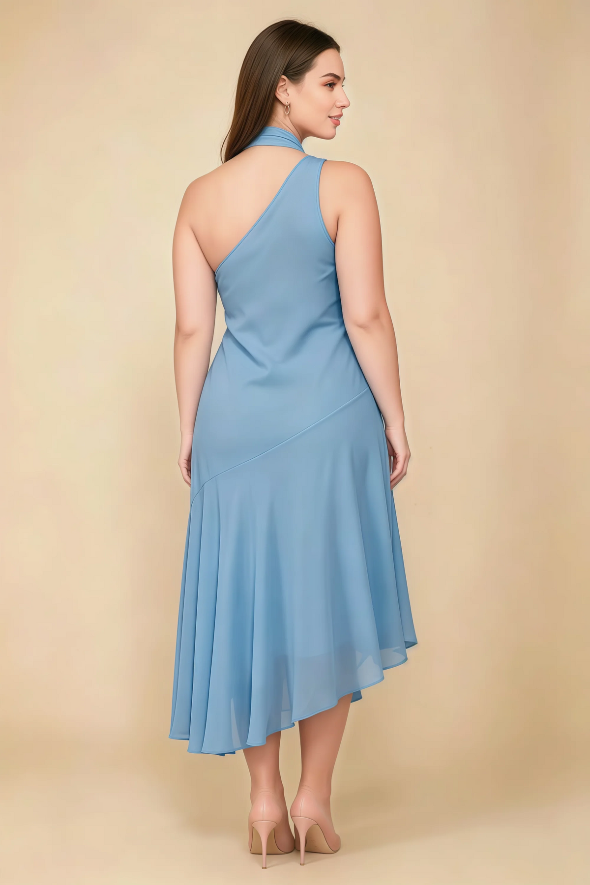 Alma Powder Blue Chiffon One Shoulder Midi Dress with Scarf