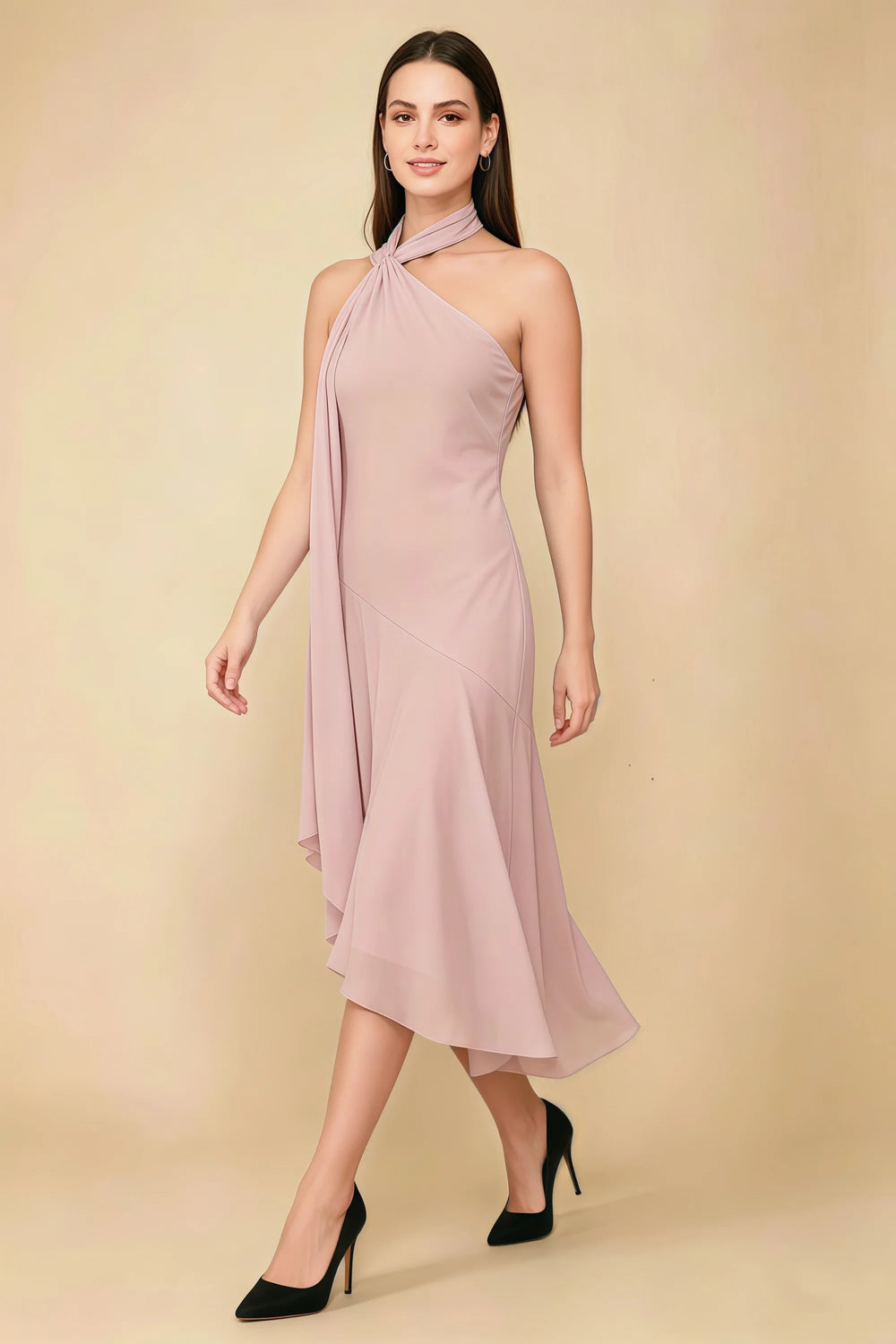 Translation missing: en.Front view of the LVLVS Alma powder pink midi dress, showing the asymmetric neckline, draped neck scarf and flowing uneven hem. content.product_image_main