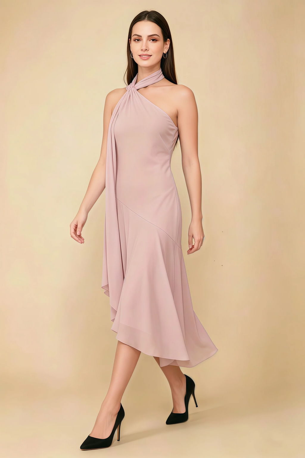 Alma Powder Pink Chiffon One Shoulder Midi Dress with Scarf