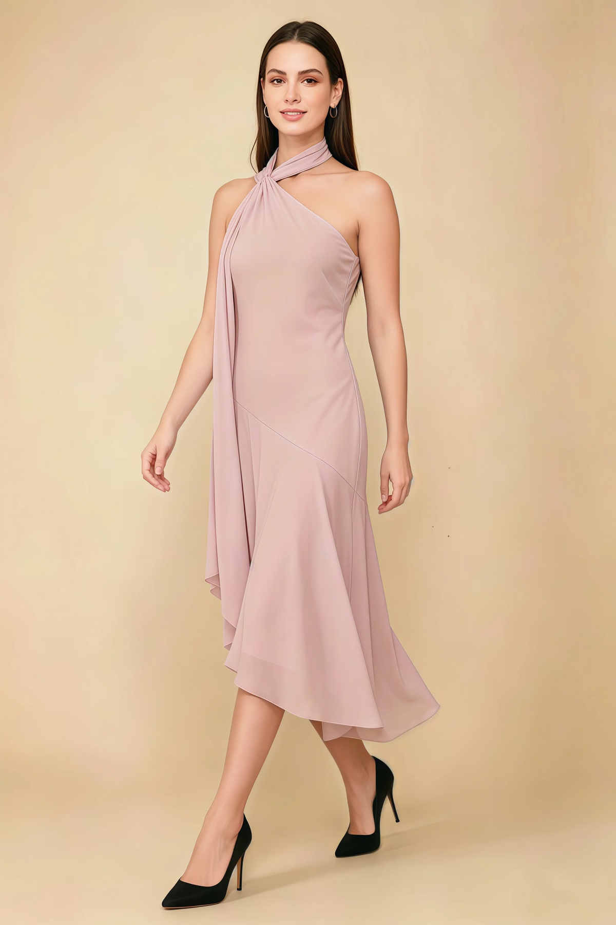 Alma Powder Pink Chiffon One Shoulder Midi Dress with Scarf