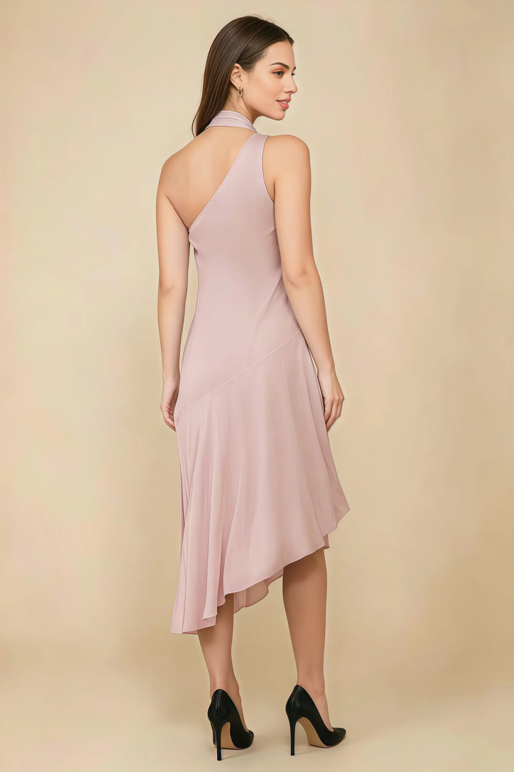 Translation missing: en.Rear three-quarter view of the LVLVS Alma powder pink midi dress, showing the diagonal back neckline and asymmetric midi skirt. content.product_image_secondary