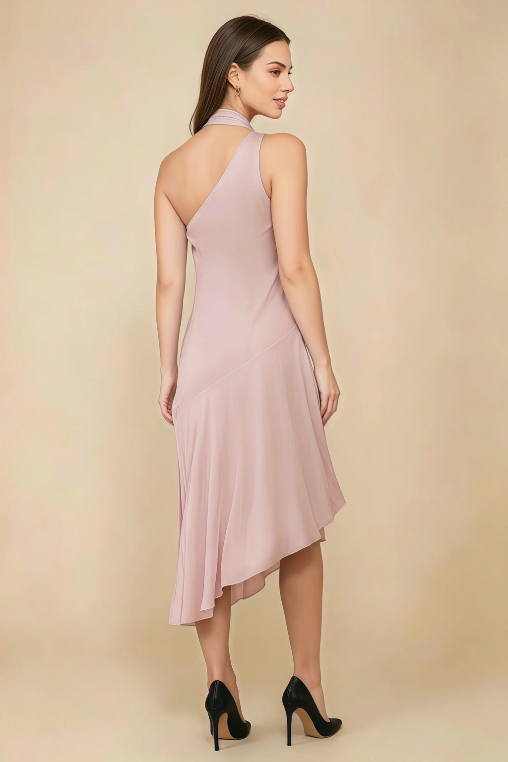 Alma Powder Pink Chiffon One Shoulder Midi Dress with Scarf