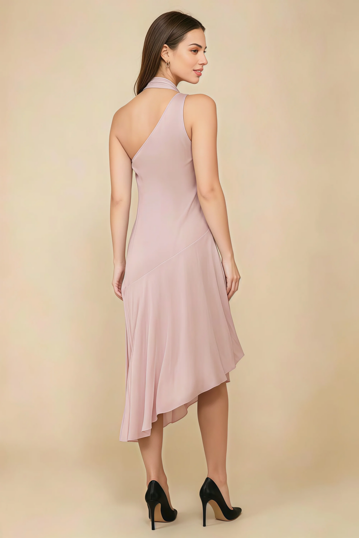 Alma Powder Pink Chiffon One Shoulder Midi Dress with Scarf