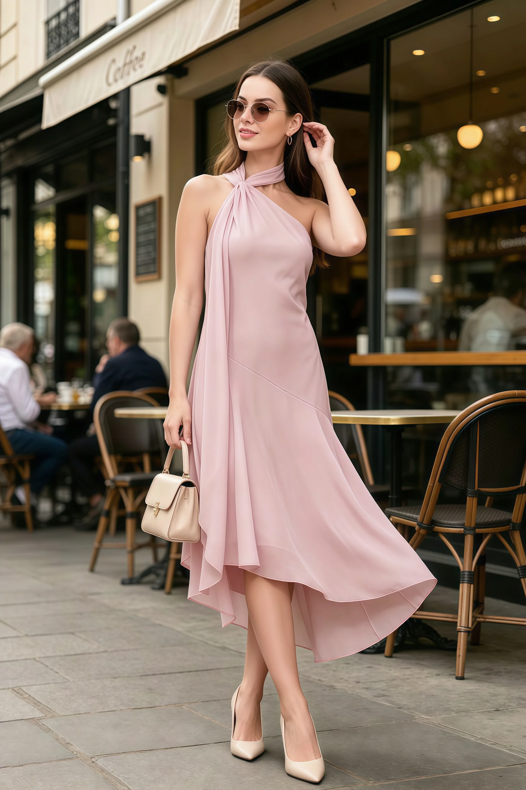Alma Powder Pink Chiffon One Shoulder Midi Dress with Scarf