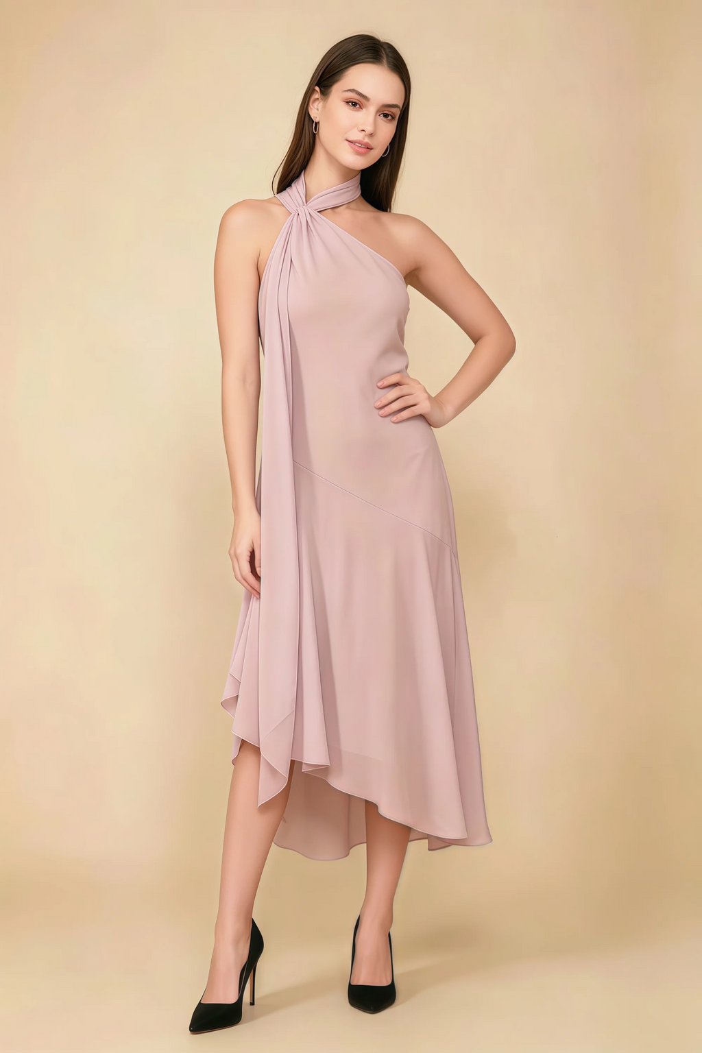 Alma Powder Pink Chiffon One Shoulder Midi Dress with Scarf
