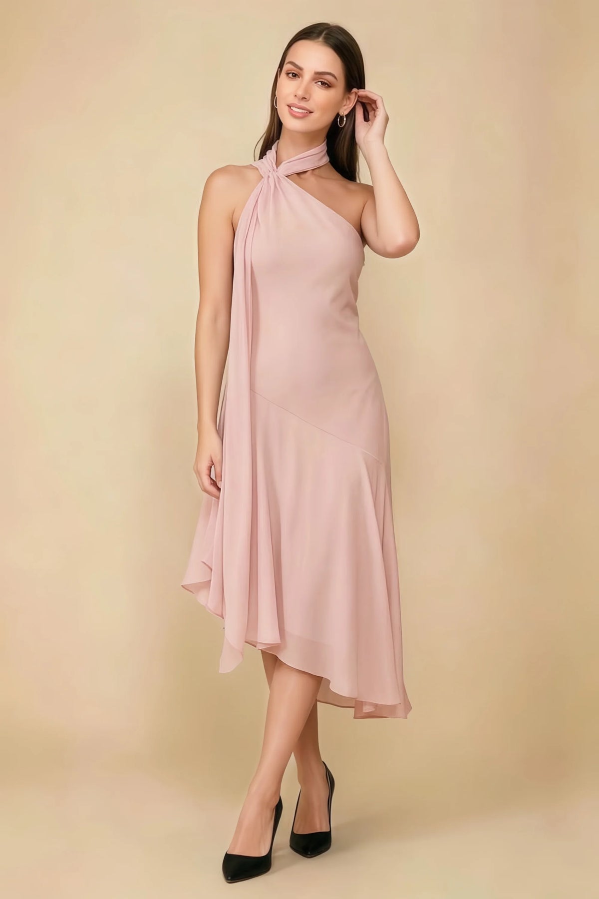 Alma Powder Pink Chiffon One Shoulder Midi Dress with Scarf