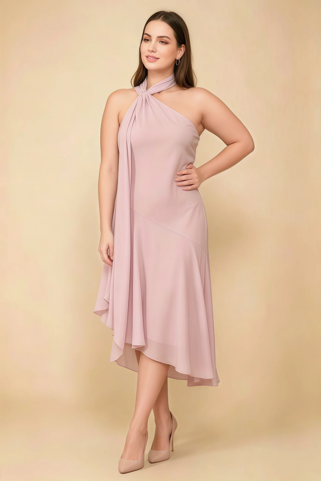 Alma Powder Pink Chiffon One Shoulder Midi Dress with Scarf