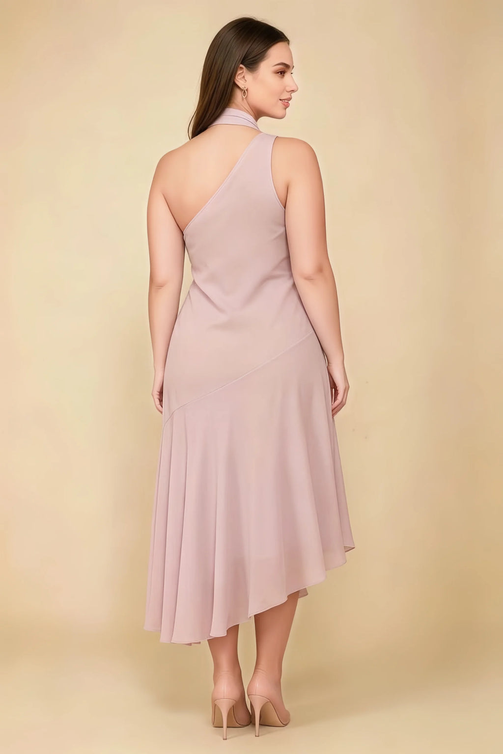 Alma Powder Pink Chiffon One Shoulder Midi Dress with Scarf