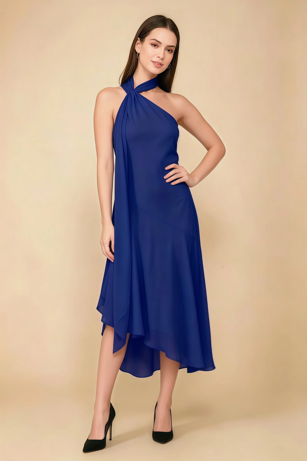 Alma Royal Blue Chiffon One Shoulder Midi Dress with Scarf