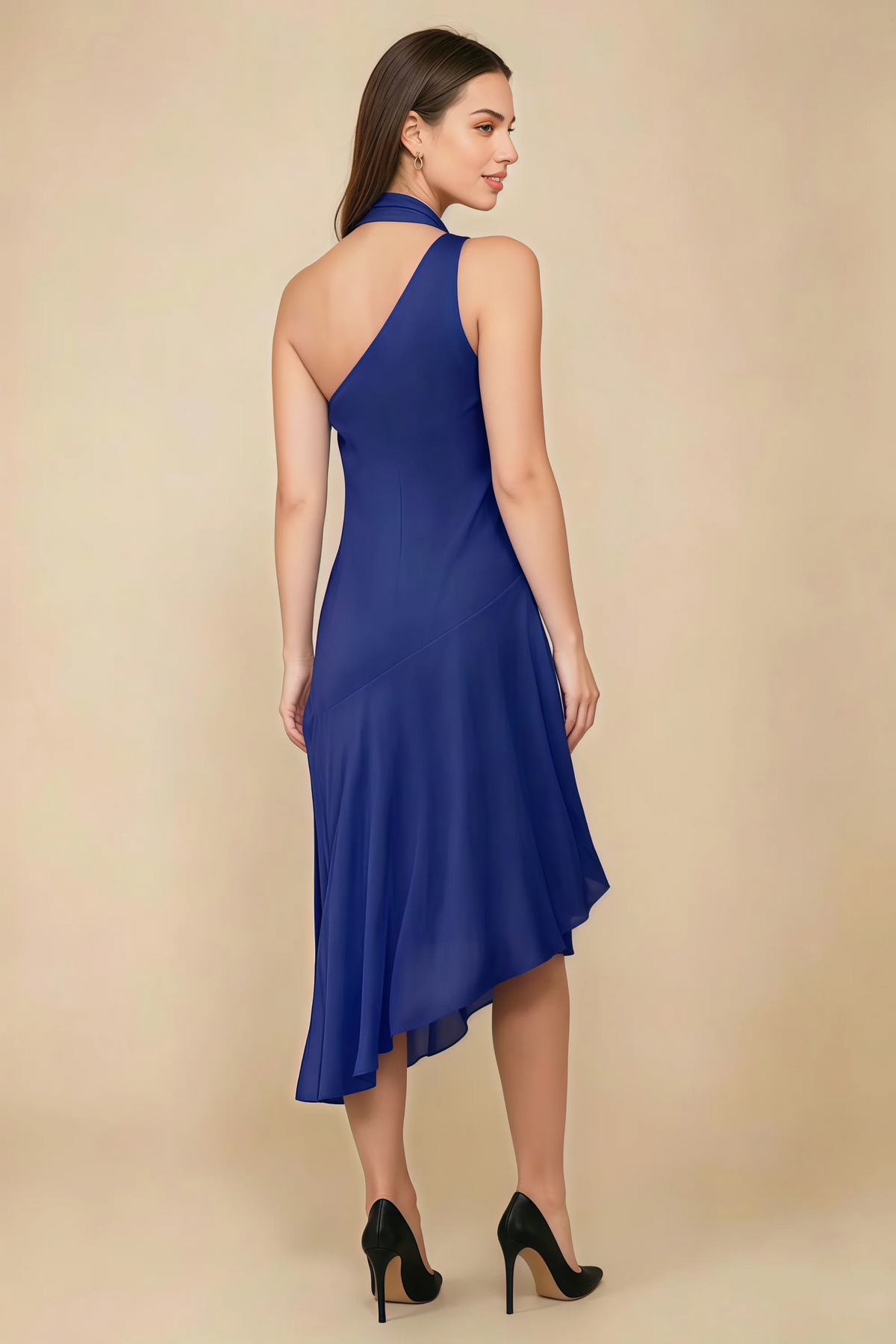 Alma Royal Blue Chiffon One Shoulder Midi Dress with Scarf