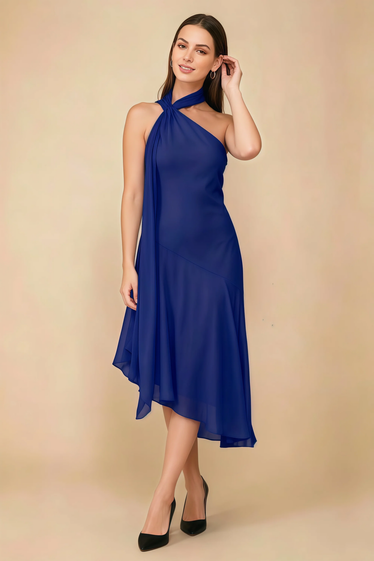 Alma Royal Blue Chiffon One Shoulder Midi Dress with Scarf