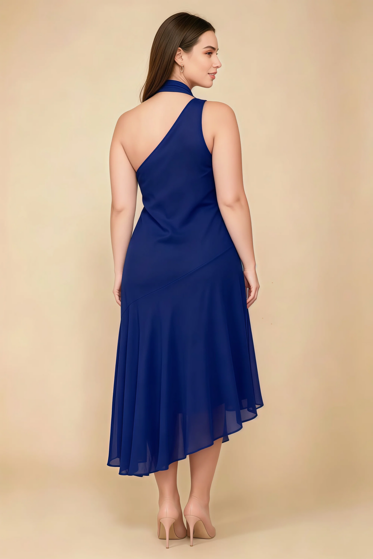 Alma Royal Blue Chiffon One Shoulder Midi Dress with Scarf