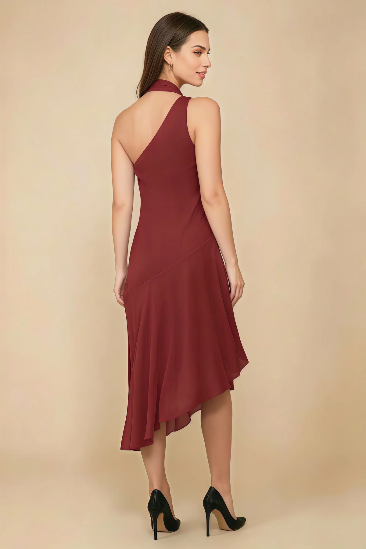 Alma Rust Chiffon One Shoulder Midi Dress with Scarf