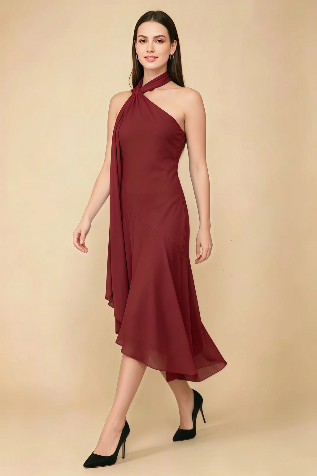 Alma Rust Chiffon One Shoulder Midi Dress with Scarf