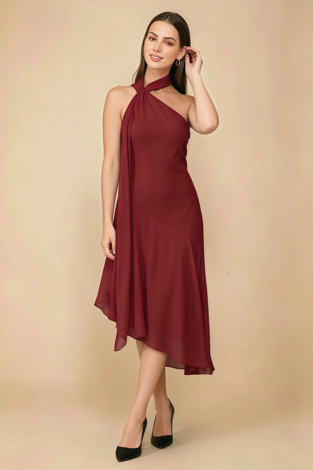 Alma Rust Chiffon One Shoulder Midi Dress with Scarf