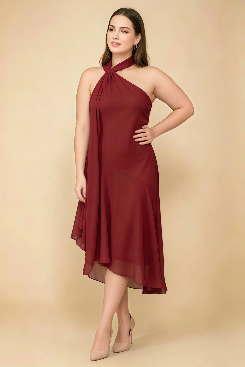 Alma Rust Chiffon One Shoulder Midi Dress with Scarf