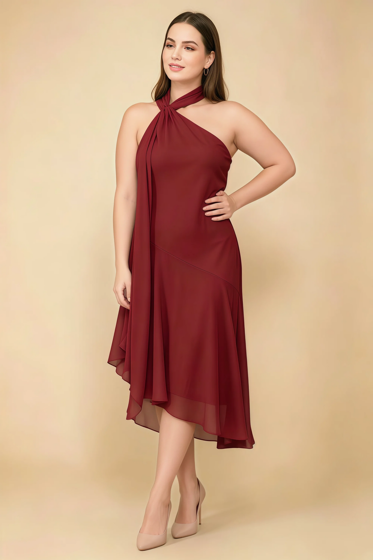 Alma Rust Chiffon One Shoulder Midi Dress with Scarf