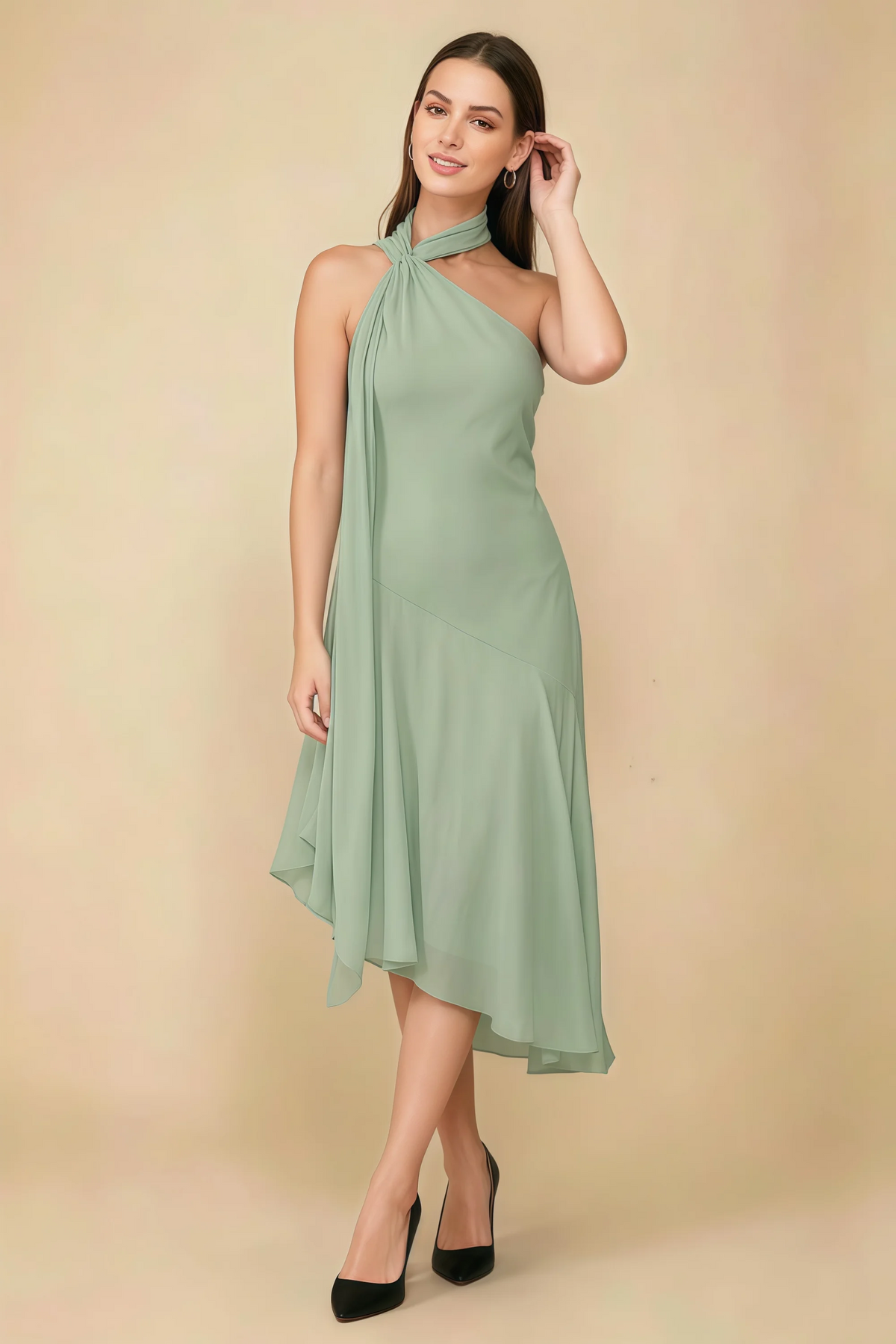 Alma Sage Green Chiffon One Shoulder Midi Dress with Scarf