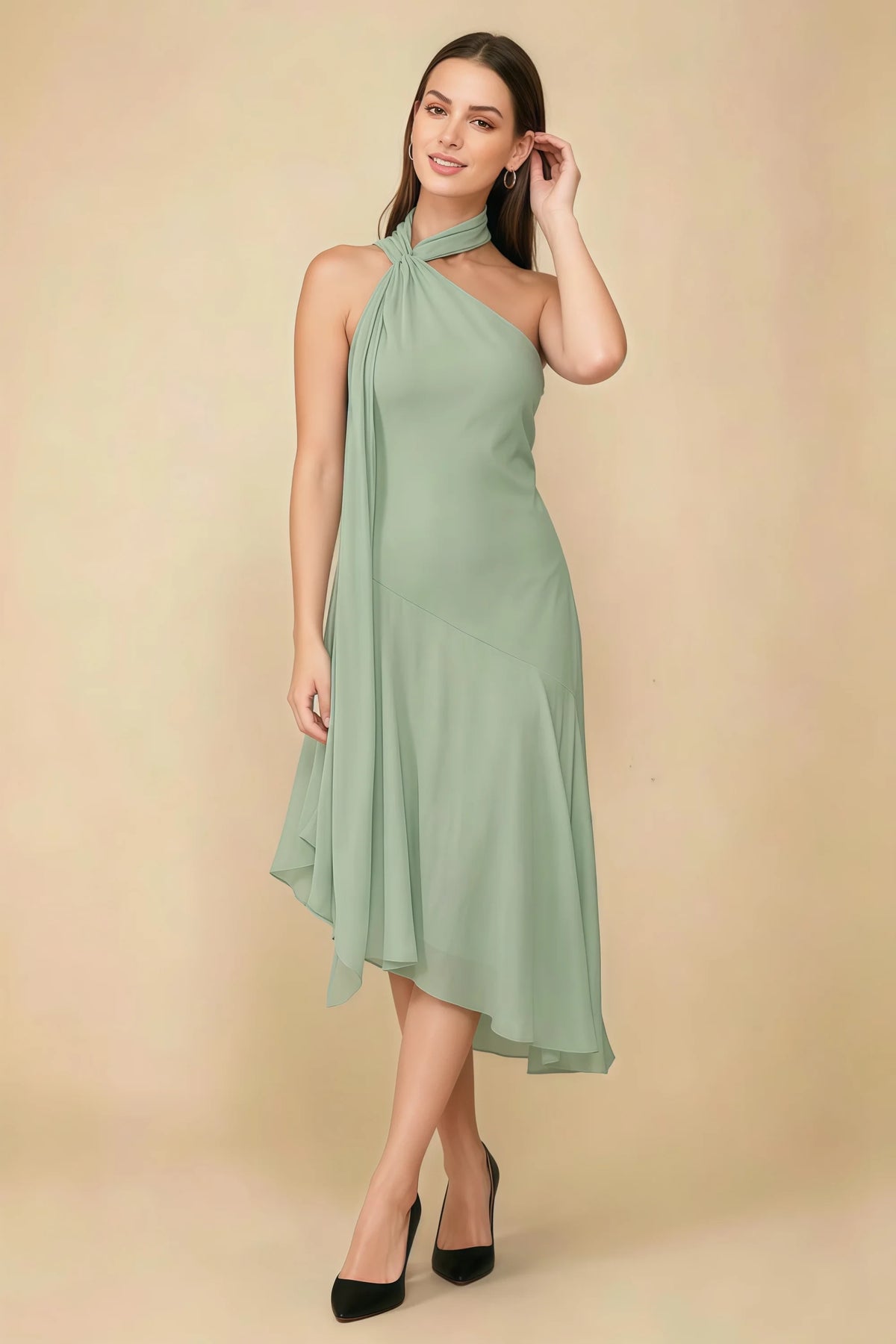 Alma Sage Green Chiffon One Shoulder Midi Dress with Scarf Imagen principal del producto