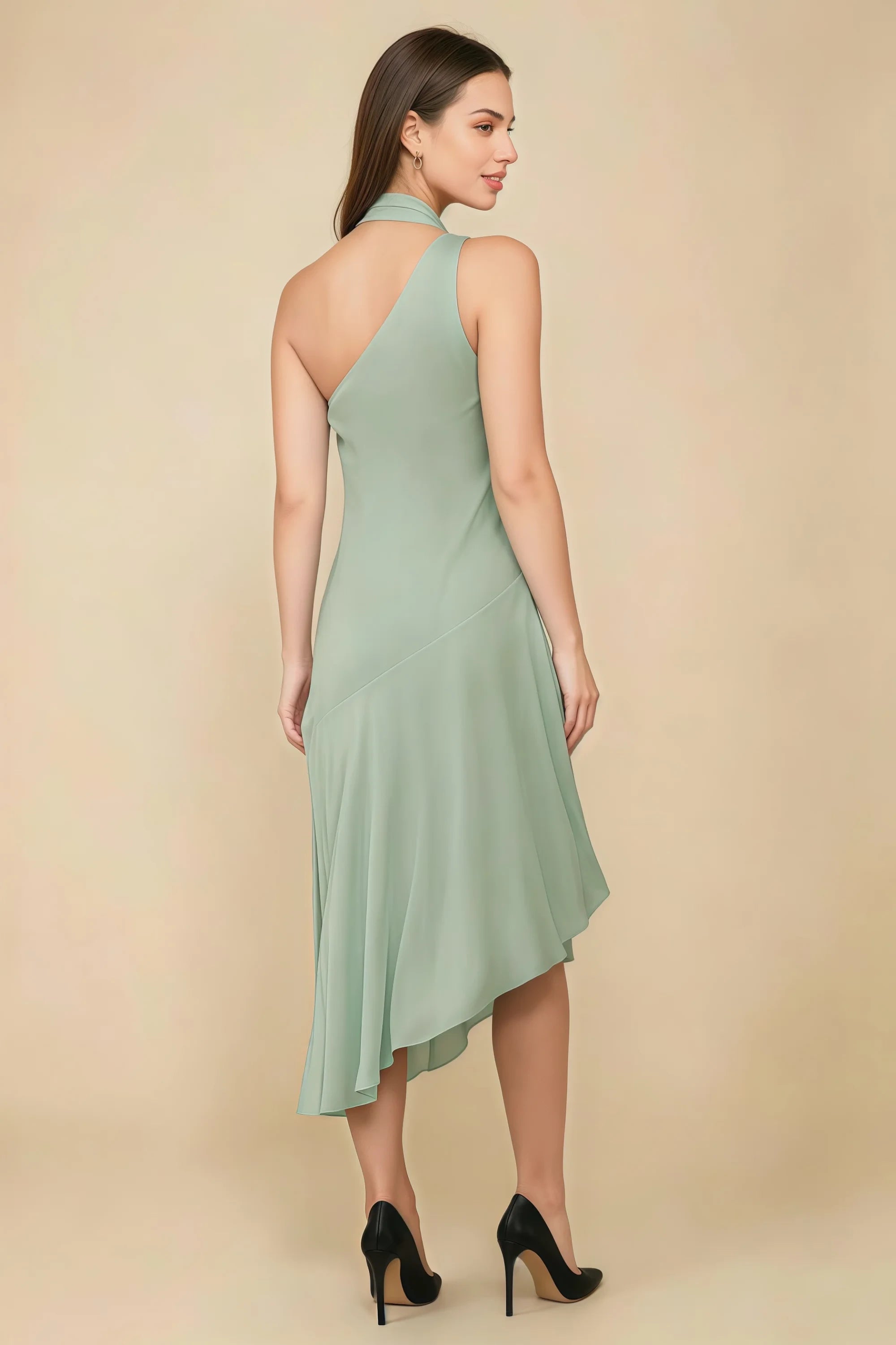 Alma Sage Green Chiffon One Shoulder Midi Dress with Scarf Imagen secundaria del producto