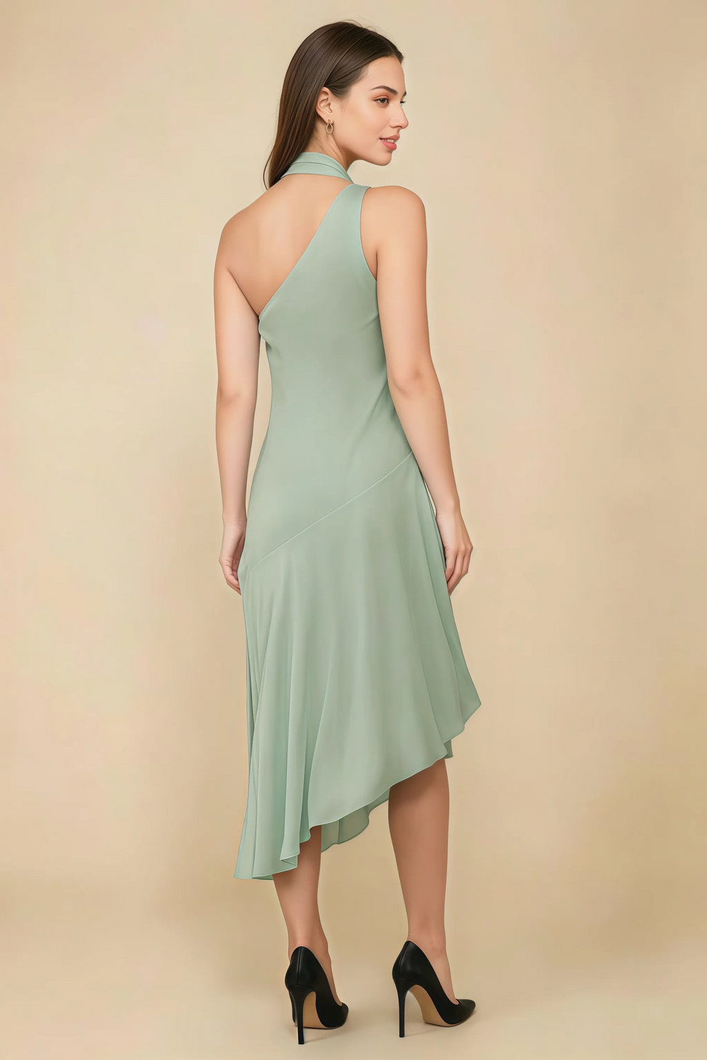 Alma Sage Green Chiffon One Shoulder Midi Dress with Scarf
