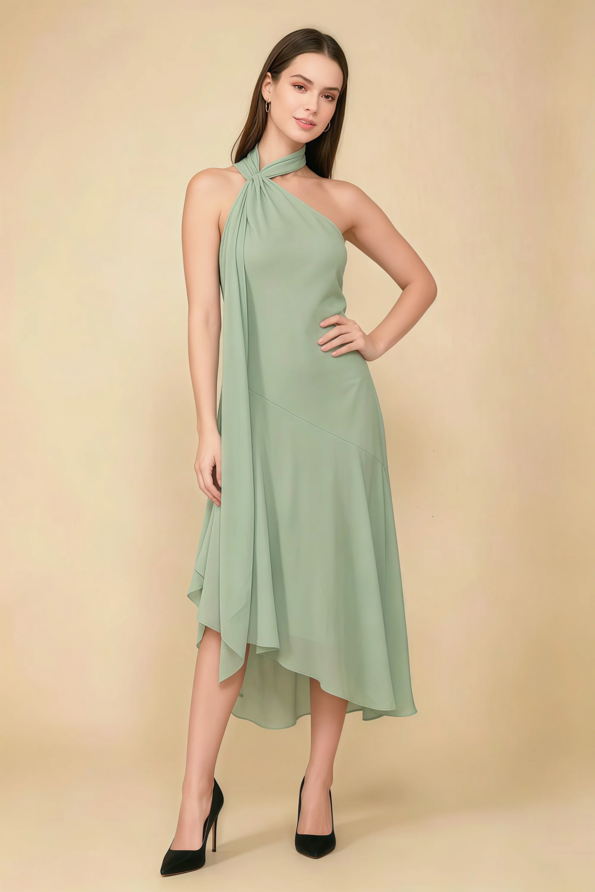 Alma Sage Green Chiffon One Shoulder Midi Dress with Scarf