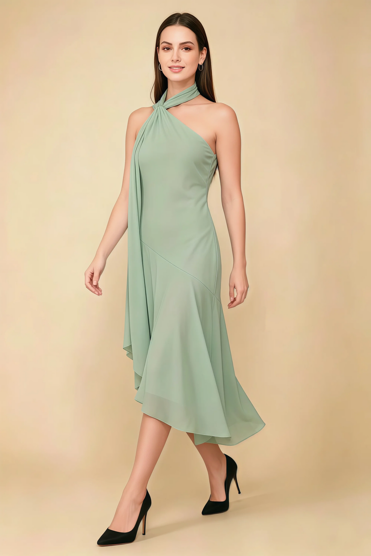 Alma Sage Green Chiffon One Shoulder Midi Dress with Scarf