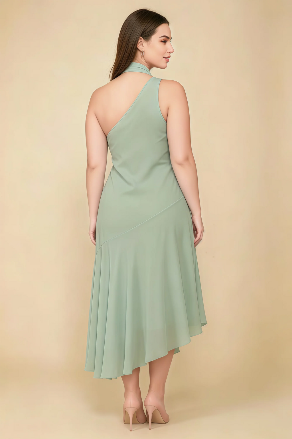 Alma Sage Green Chiffon One Shoulder Midi Dress with Scarf