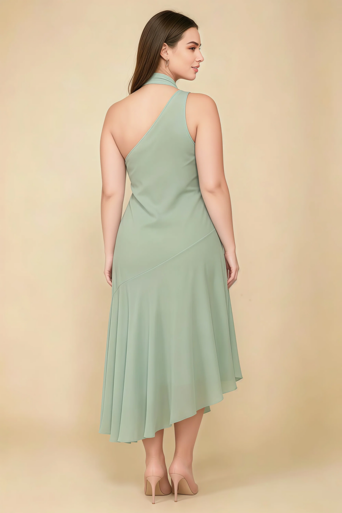 Alma Sage Green Chiffon One Shoulder Midi Dress with Scarf