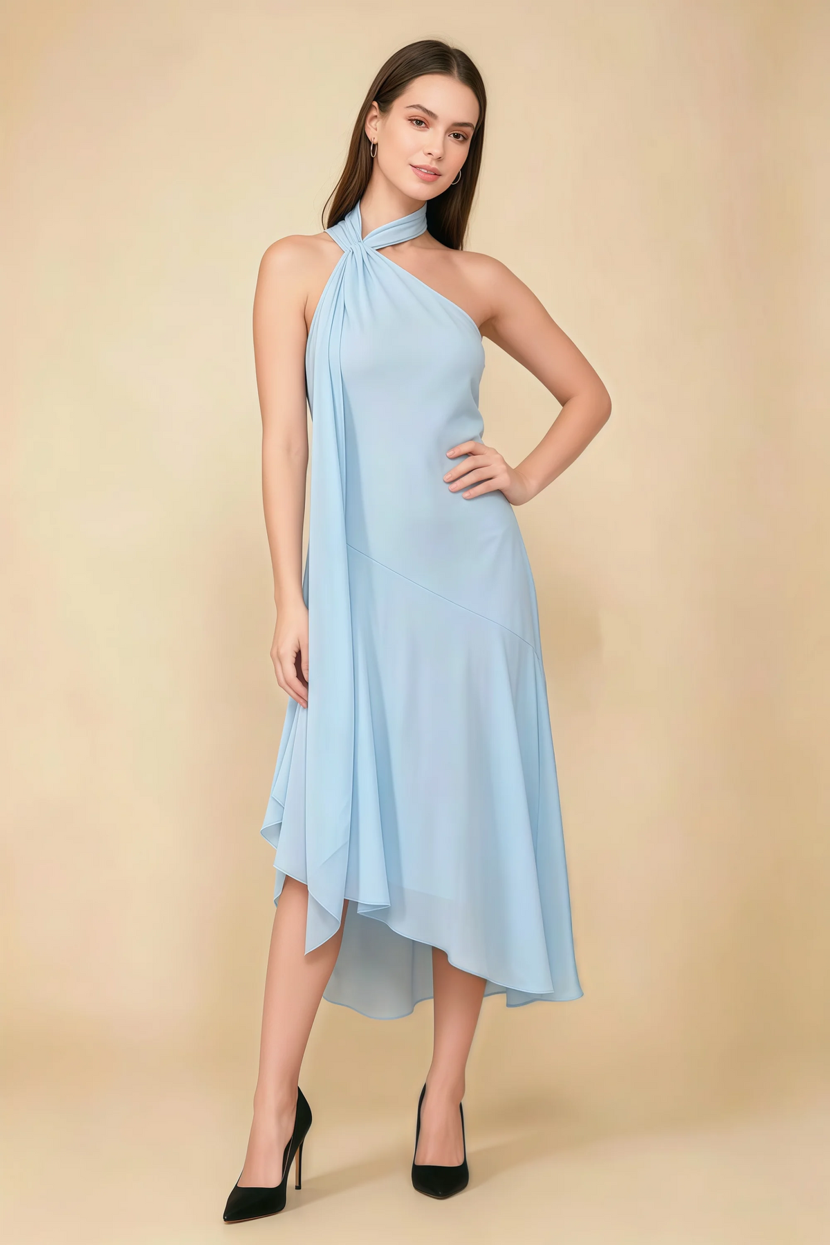 Alma Sky Blue Chiffon One Shoulder Midi Dress with Scarf