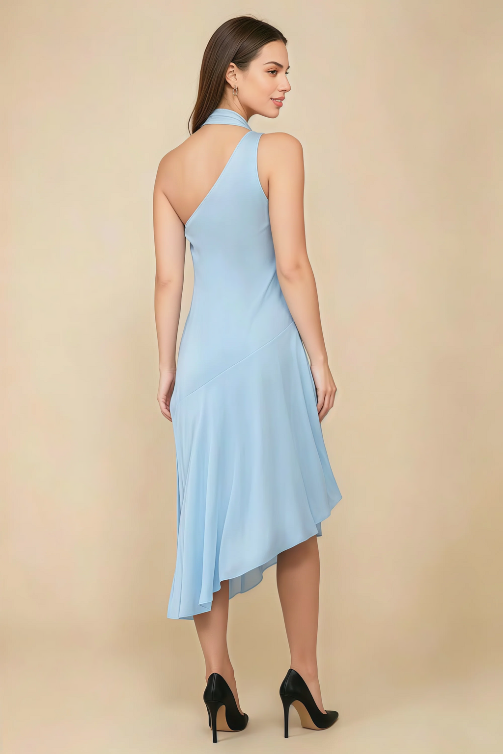 Alma Sky Blue Chiffon One Shoulder Midi Dress with Scarf