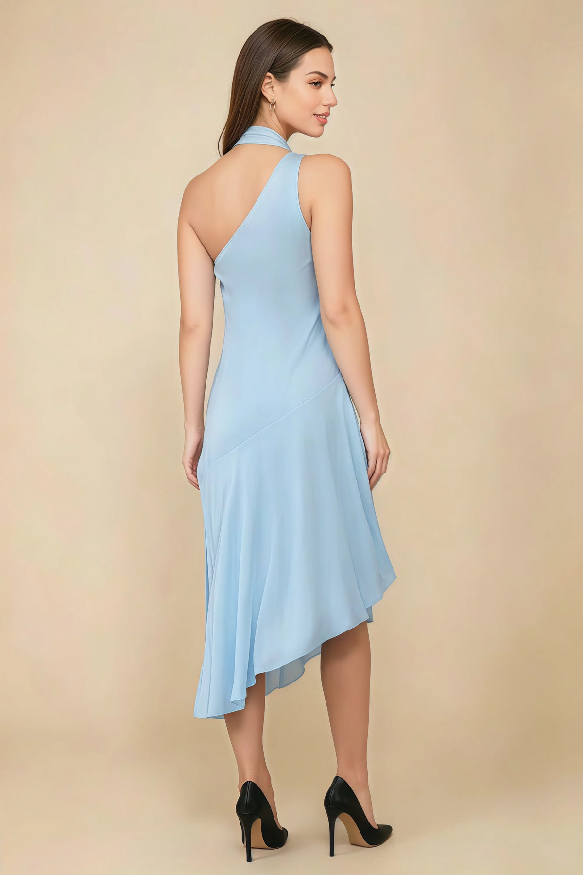 Alma Sky Blue Chiffon One Shoulder Midi Dress with Scarf
