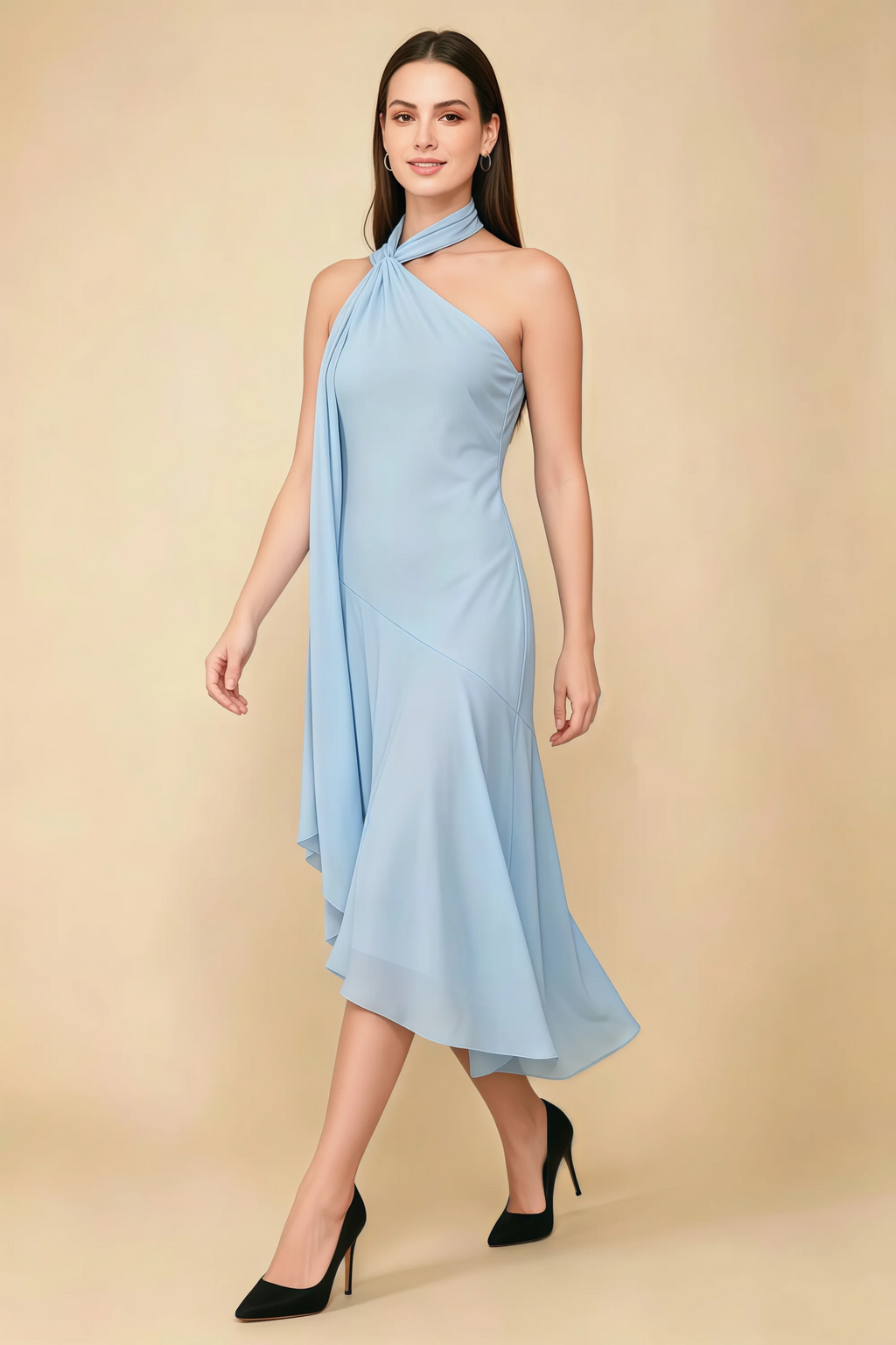 Alma Sky Blue Chiffon One Shoulder Midi Dress with Scarf