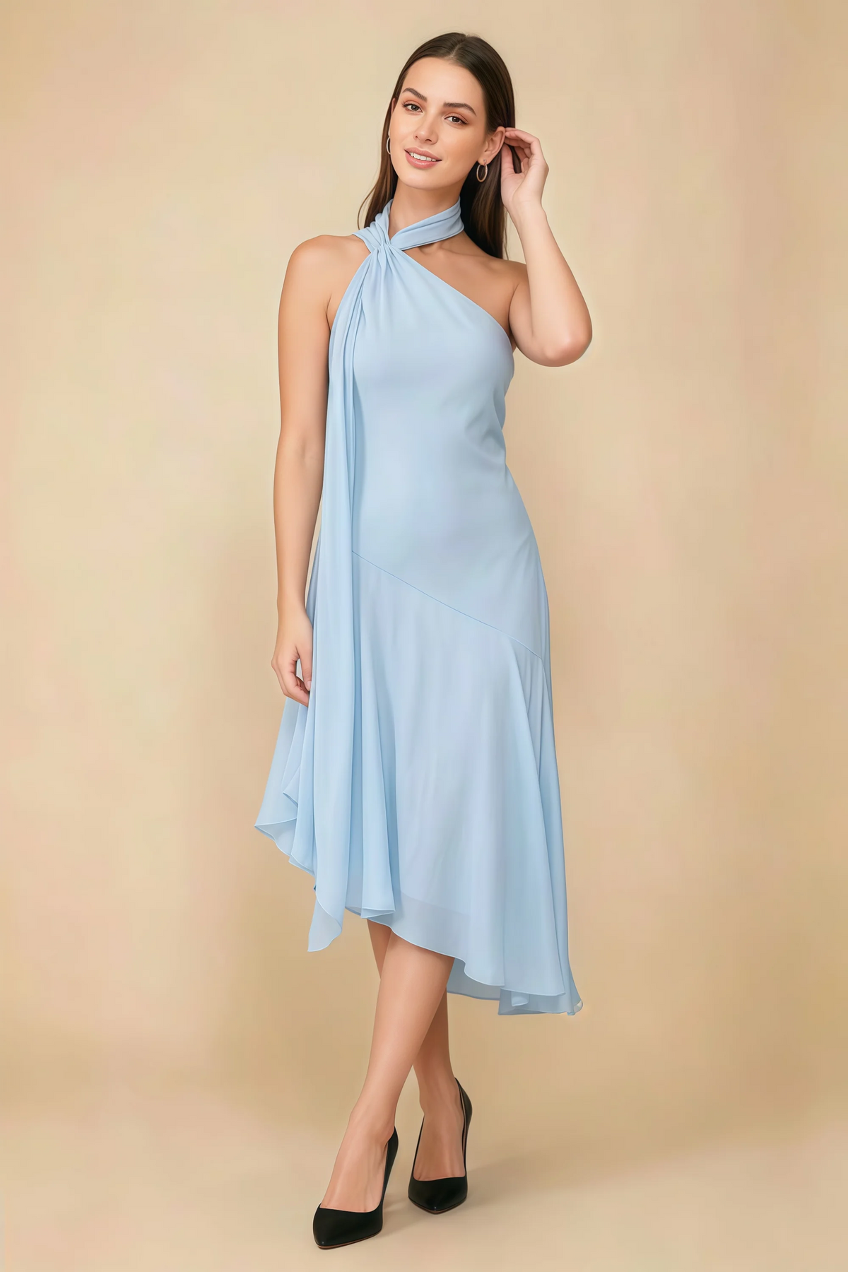 Alma Sky Blue Chiffon One Shoulder Midi Dress with Scarf
