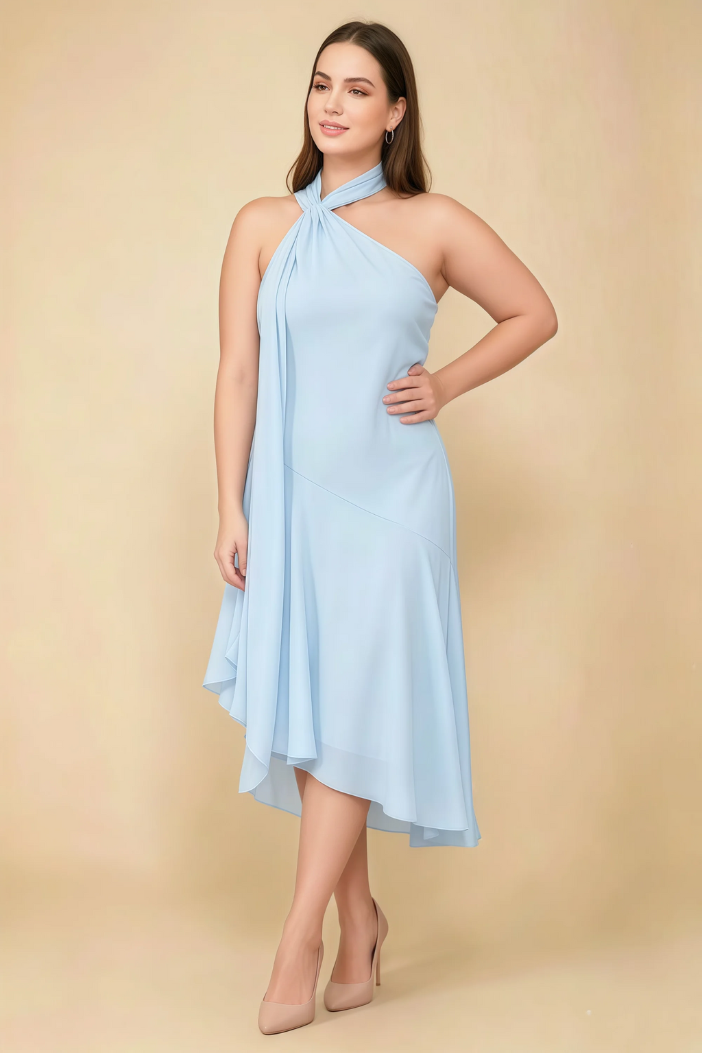 Alma Sky Blue Chiffon One Shoulder Midi Dress with Scarf