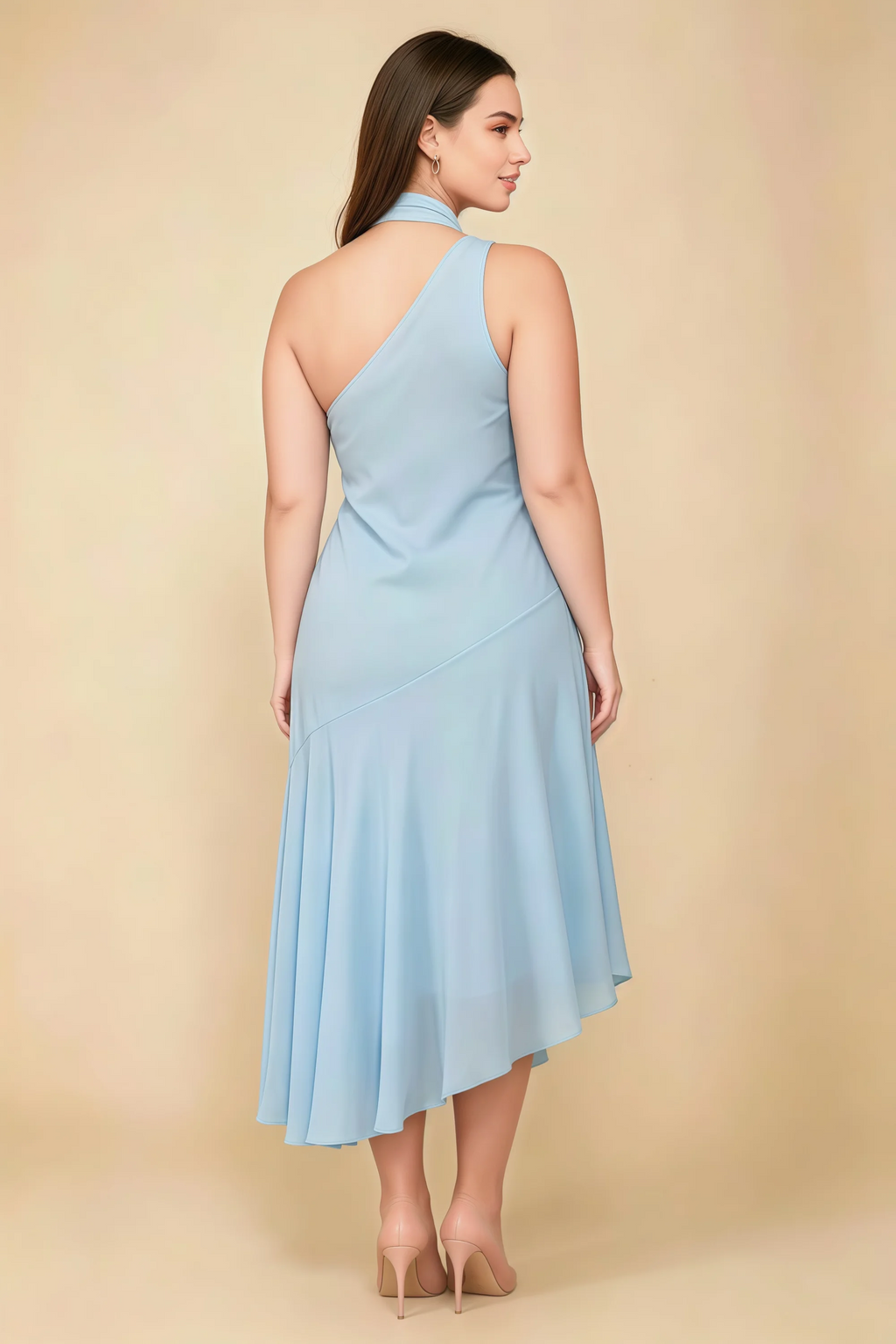 Alma Sky Blue Chiffon One Shoulder Midi Dress with Scarf
