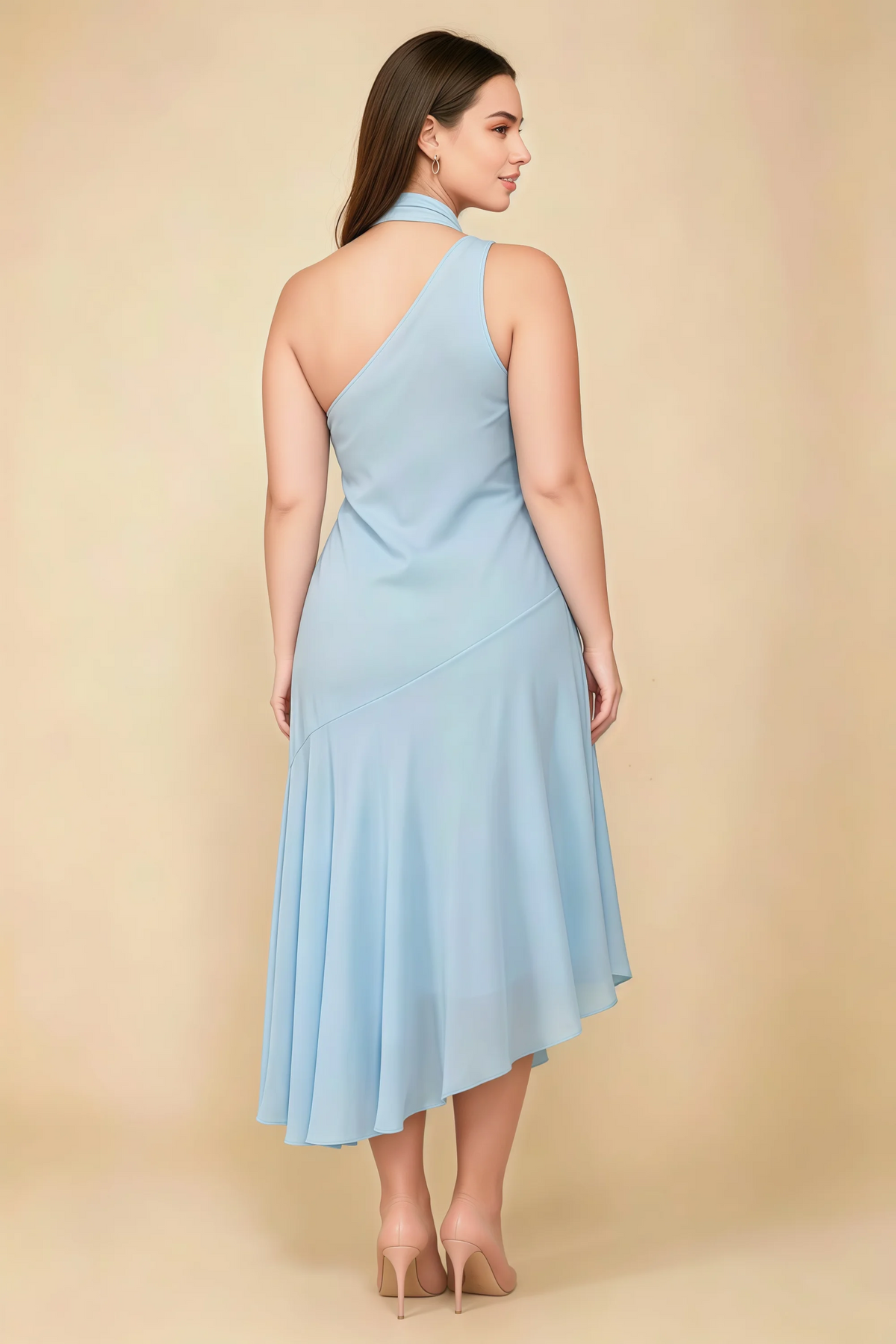 Alma Sky Blue Chiffon One Shoulder Midi Dress with Scarf