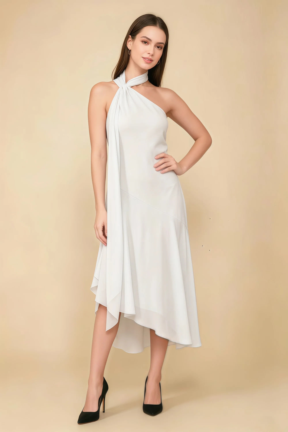 Translation missing: en.Front view of the LVLVS Alma white midi dress, showing the asymmetric neckline, draped neck scarf and flowing uneven hem. content.product_image_main
