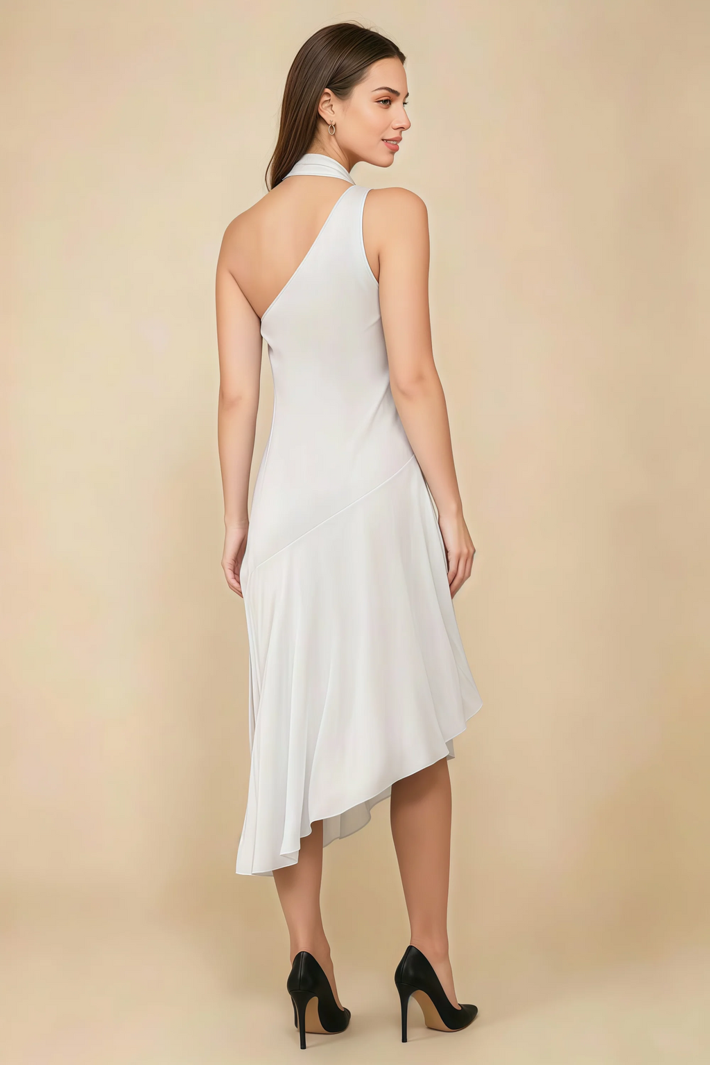 Alma White Chiffon One Shoulder Midi Dress with Scarf