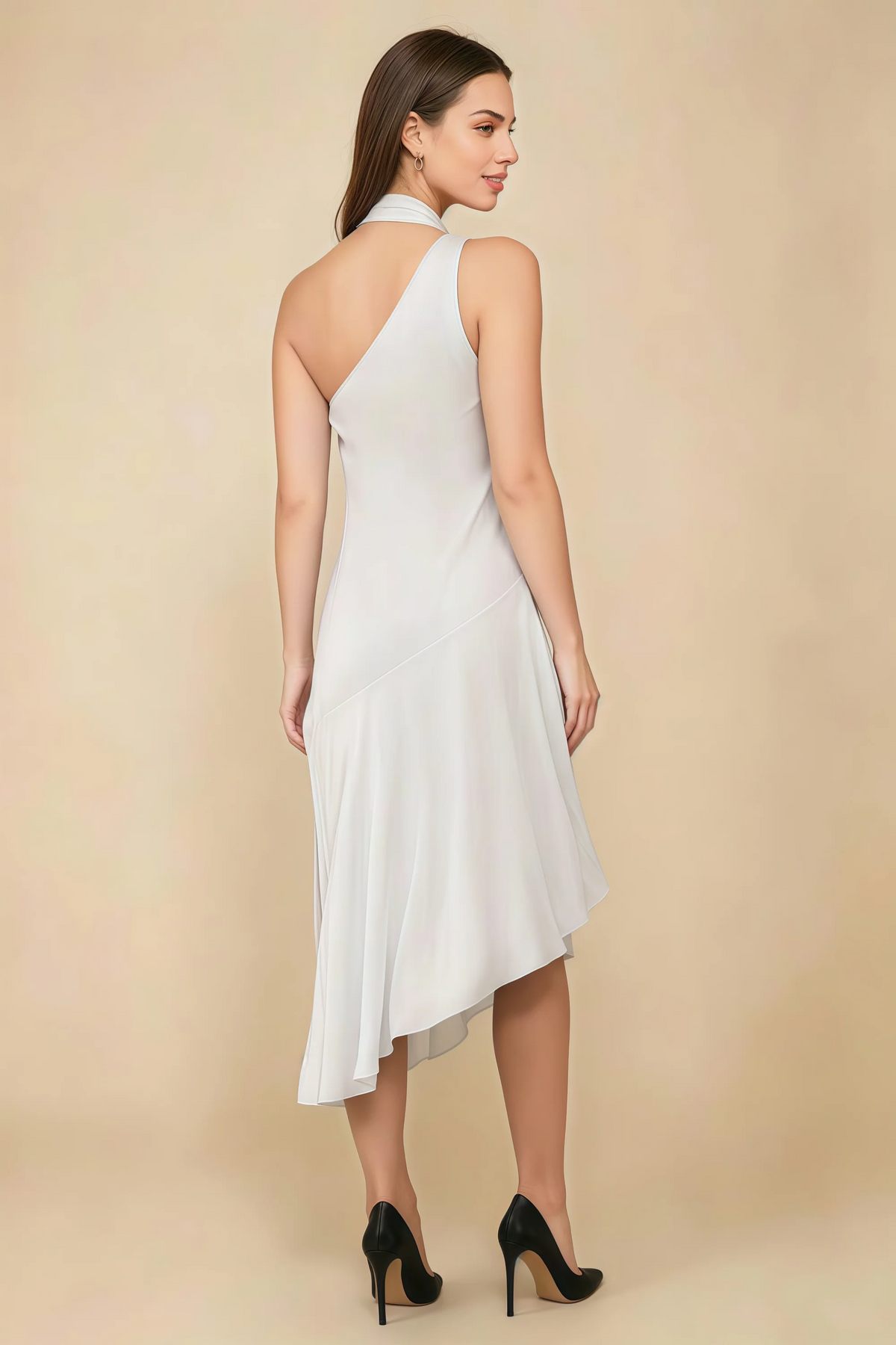 Alma White Chiffon One Shoulder Midi Dress with Scarf