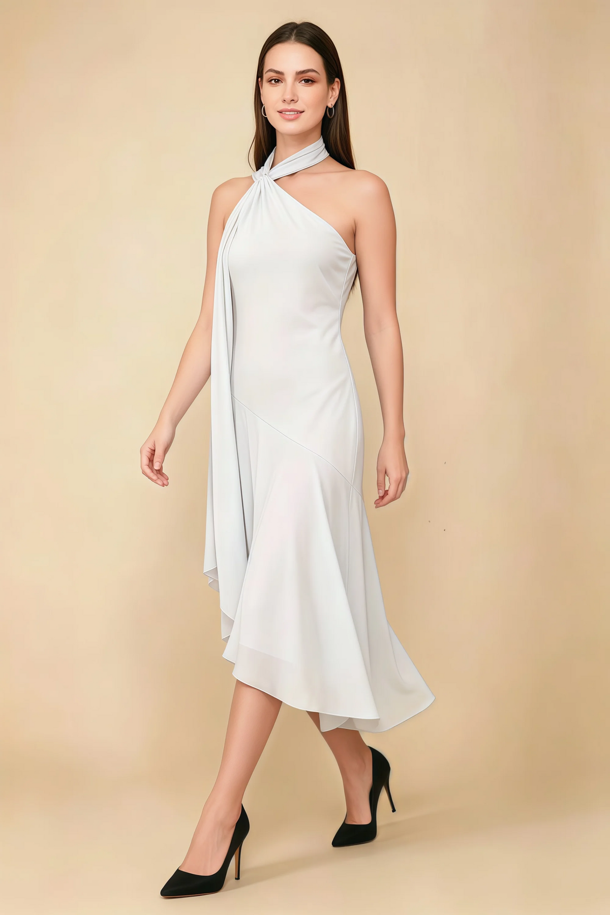 Alma White Chiffon One Shoulder Midi Dress with Scarf