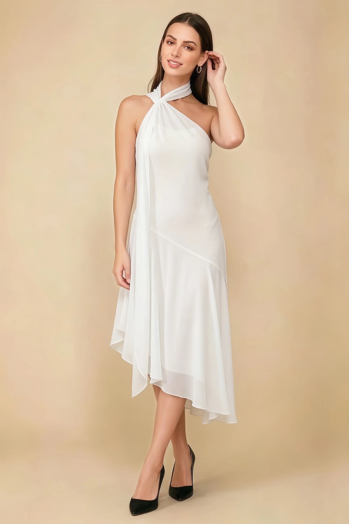 Alma White Chiffon One Shoulder Midi Dress with Scarf