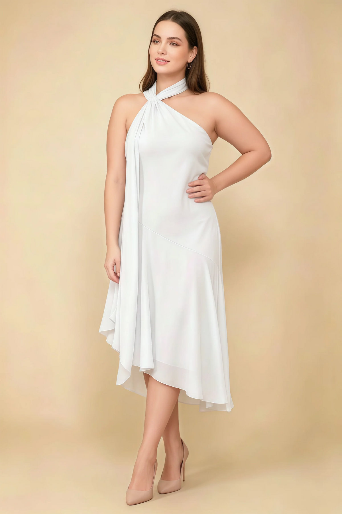 Alma White Chiffon One Shoulder Midi Dress with Scarf