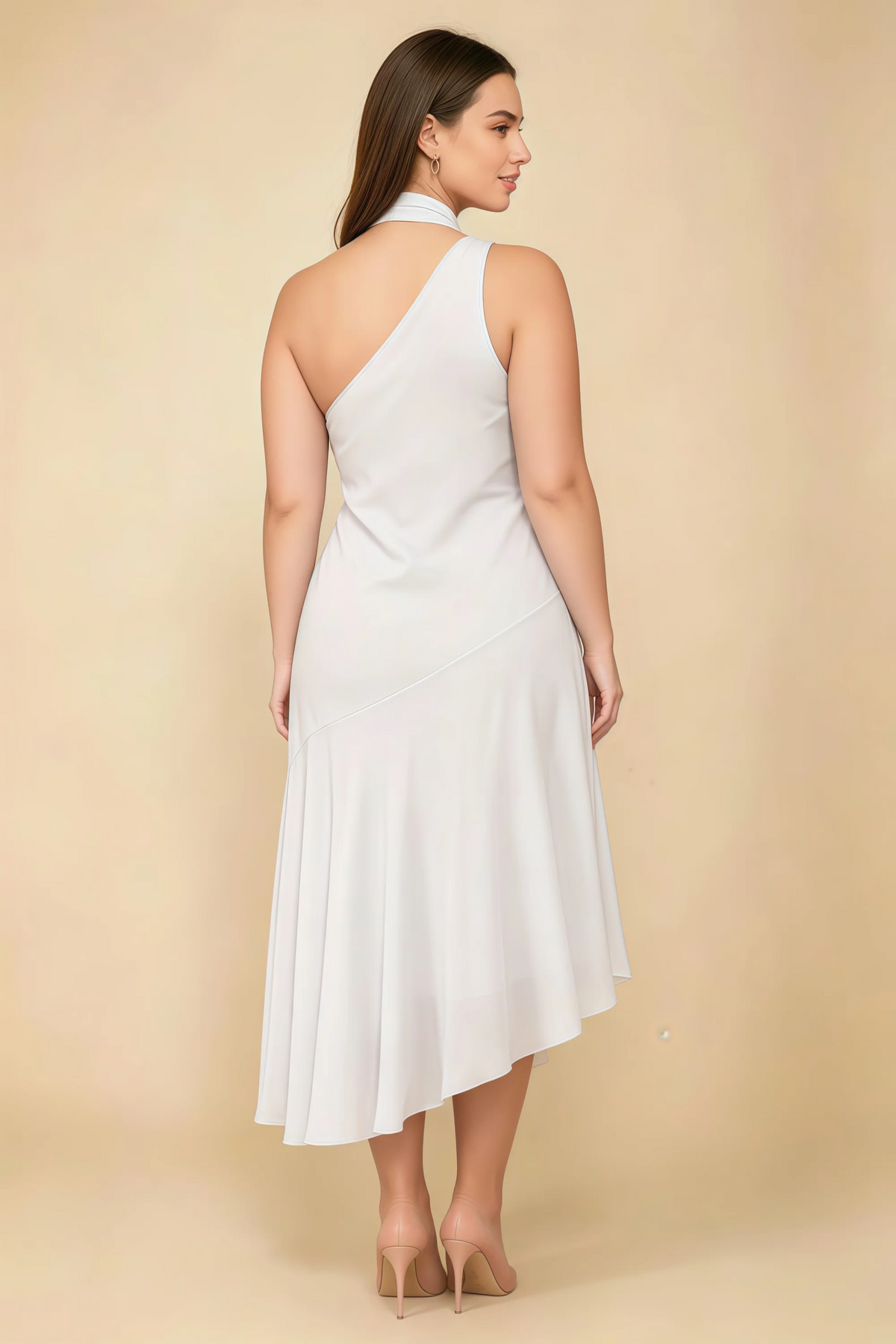 Alma White Chiffon One Shoulder Midi Dress with Scarf