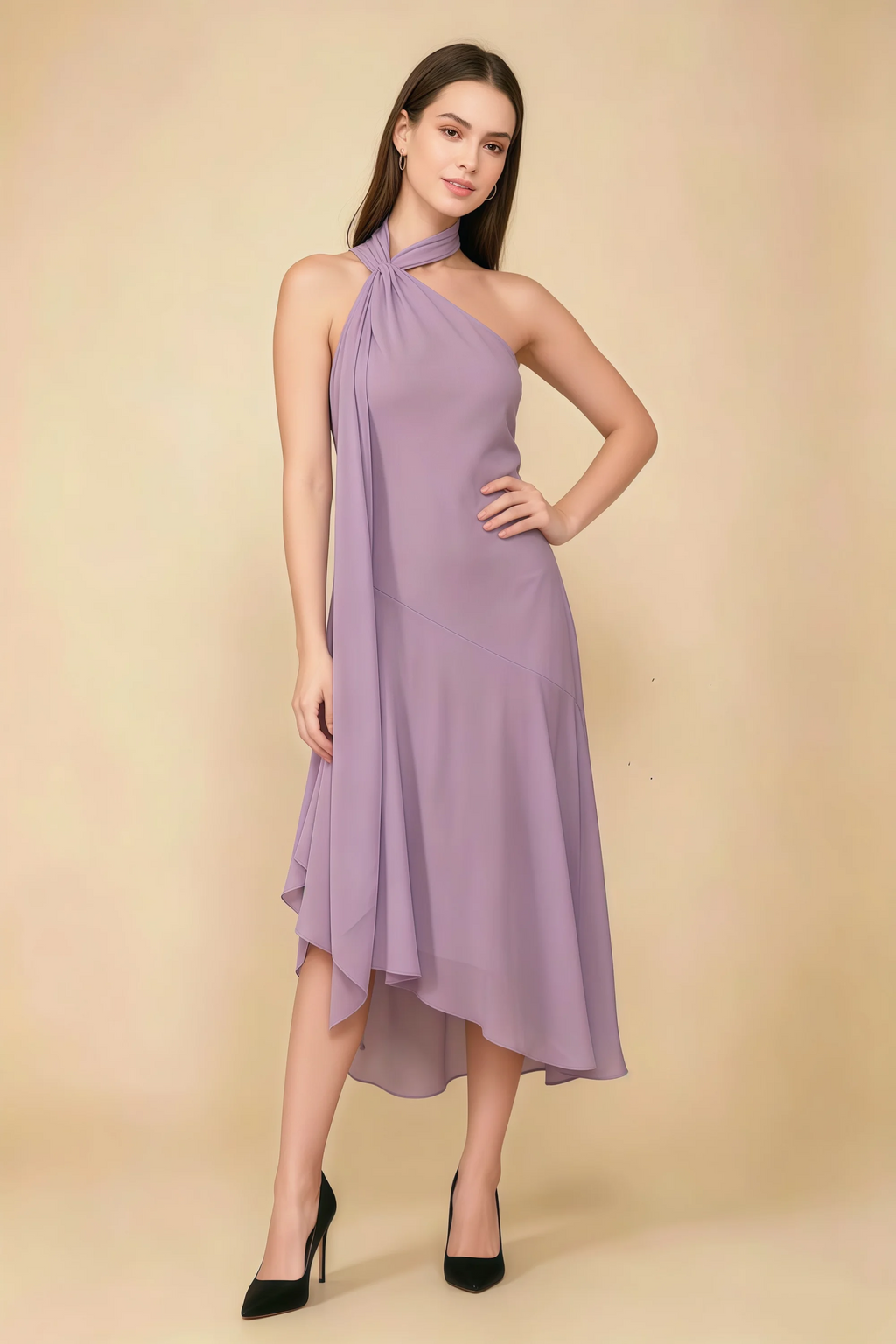 Alma Wisteria Chiffon One Shoulder Midi Dress with Scarf